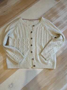 Indigo Cream Cable Cardigan with Wood-Tone Buttons